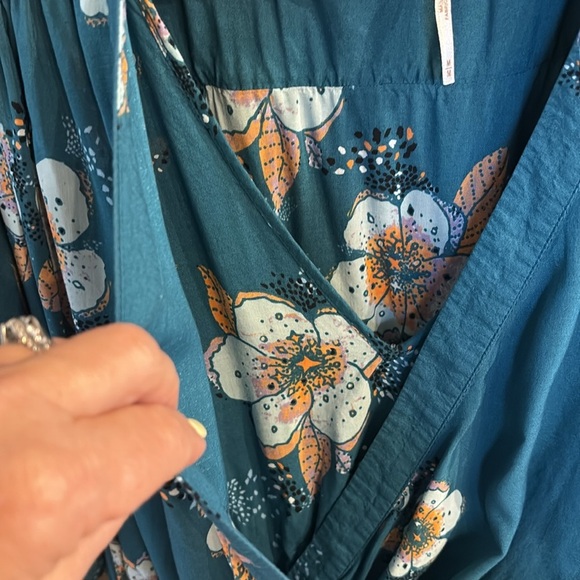 Free People Teal Floral Tuscan Dreams tunic mini dress / tunic top long sleeve M - Picture 5 of 16